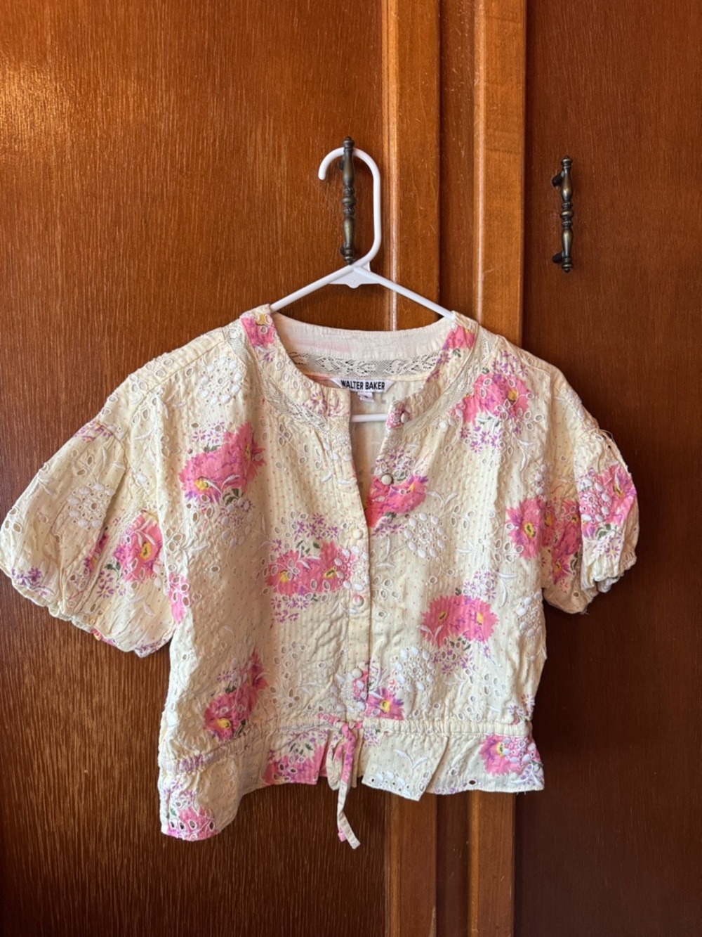 Walter Baker Cream Top with Pink Floral Eyelet Detail SMALL